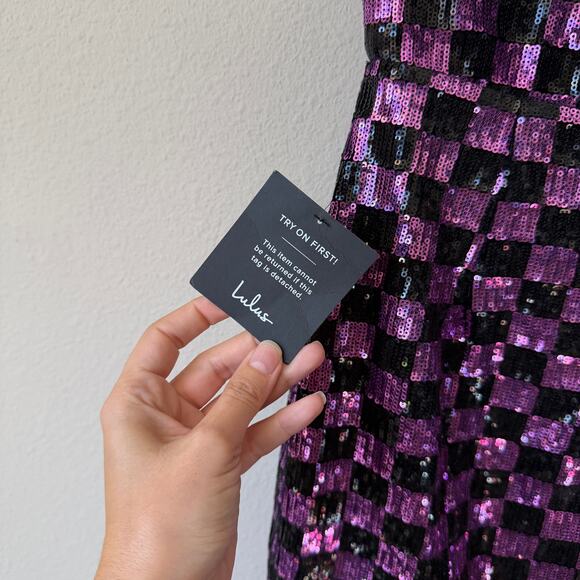 NWT NEW Lulus Black Purple Sequin Check Mini Dress Size M - Picture 4 of 7